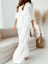 Lizakosht Spring Solid Casual Outfits Women Lapel Collar Button Shirt and Wide Leg Pants Set Elegant Fashion Loose Long Sleeve Lace-Up Set