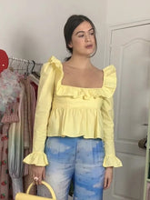 Lizakosht Square Collar Ruffles Pelpum Blouse Shirt Women Long Sleeve French Style Solid Fashion Short Summer Spring Blouse Top