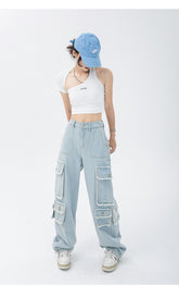 Lizakosht Women's Trendy High Street Baggy Cargo Jeans Straight Pants Tassel Wide Leg High Waist Denim Trouser Y2k Streetwear Harajuku