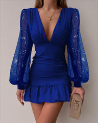 Lizakosht Women Dress Summer Sexy Solid Color Ruffles Stitching Sequins Dress Women Lantern Sleeve V-neck High Waist Mesh Pleats Dress