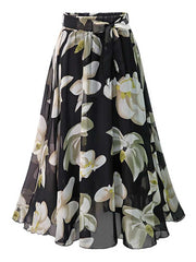 Summer Women Flower Printing High Waist Skirt Chiffon With Belt Ladies Vintage Elegant Skirts Pleated