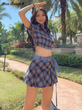 Lizakosht Summer Sexy Plaid Skirt Set Women High Waist Kawaii Two Piece Set Female Korean Fashion Streetwear Party Mini Skirt Set 2022