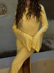 Lizakosht Flare Long Sleeve Casual Holiday Dress Spring Autumn Outfits Round Neck Sexy Open Back Fashion Simple Style Maxi Dress