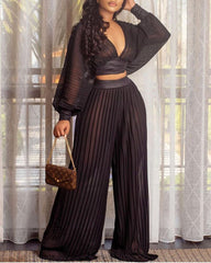 Ladies Long Sleeved Black V-Neck Top Loose Stitching Pleated Wide Leg Pants Two-Piece Set