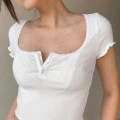 Lizakosht Women American Retro Crop Tee Shirt Ruffled Short Sleeves Lace Trim Square Neck Buttons Casual Party Short Crop Tops