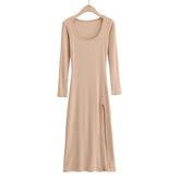 Lizakosht European Style Women Spring Long Sleeve Dress Side Split Sexy Solid Slim Sheath Female Vestidos Elastics