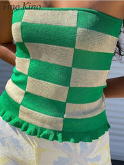 Plaid Knitted Women Tube Top Tank Ruffled Sexy Off Shoulder Backless Lady Vest 2022 Summer Sleeveless Slim Fashion Corset Tops