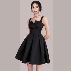 New 2022 Black Spaghetti Strap Mini Dress Sleeveless Sexy A-Line Party Dresses Satin Banquet High Waist Women Vestidos F175