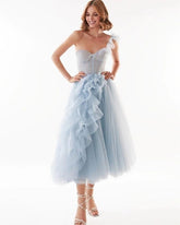 Lizakosht Fashion Women Summer Mesh Tulle One Shoulder Bow Prom Evening Dresses Female Elegant Midi Long Vesidos Blue