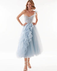Lizakosht Fashion Women Summer Mesh Tulle One Shoulder Bow Prom Evening Dresses Female Elegant Midi Long Vesidos Blue