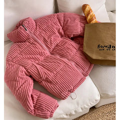 Lizakosht Pink Corduroy Cotton Down Jackets for Women Stand Neck Thicken Winter Clothes Chic Korean Crop Coat Female Autumn Outerfit