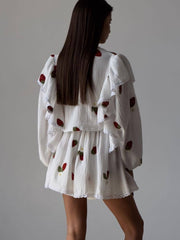 Lizakosht Home Suit Women Pajamas Cotton Linen Top Skirt Set Summer Strawberry Pattern Ruffle Long Sleeve Button Blouse Mini Skirt Outfits