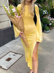 Lizakosht Flare Long Sleeve Casual Holiday Dress Spring Autumn Outfits Round Neck Sexy Open Back Fashion Simple Style Maxi Dress