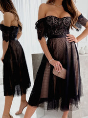 Elegant High Waist Hollow Out Party Long Dress Summer Solid Off Shoulder Lace Dress Women Fashion Slash Neck Mesh Dress Vestidos