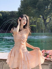 Cross Straps Dress Women Summer French Irregular Lace Part Dresses Elegant Ruffle Sexy Beachwear Ruched Slip Dress Femme Robe