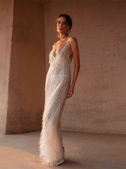 Lizakosht Deep V Sling Split Tassel Long Dress Women Sleeveless Floor Length Slim Robes Summer Sexy Lady Backless Evening vestido