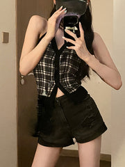 Lizakosht Summer Sexy V-neck Crop Tops Ladies Plaid Short Vest Sleeveless Party Elegant Casual Tops for Woman Korean Slim Clothing