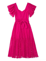 Lizakosht Summer Women Embroidery Dress With Belt Elegant Party Dress Vintage Short Sleeve Hollow Out Chic Female Causal Beach Skirt