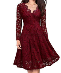 Lizakosht Autumn Winter Women V-Neck Lace Flower Elegant Casual Dress Lined Long-Sleeved Fashion Lady A-Line Formal Evening Gowns Dress