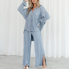 Lizakosht for Women Two-piece Pleated Pants Suits Casual Chic Solid Color Long Sleeve Straight Leg Trousers Set Female Sleepwear