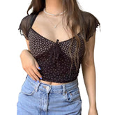 Lizakosht Fashion Print Lace Edge Short Sleeve Top Slim Sexy Puff Sleeve Cropped Women's T-Shirt Casual Commuter Ladies Tops New