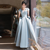 Elegant Blue Evening Dress French Backless Temperament V-Neck Empire Slim Graduation Birthday Party Gonws