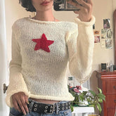 Lizakosht Spring Y2k Sweater Women Cute Star Stitching Knitwear Smock Vintage Long Sleeve Hollow Out Sweaters Lady Jumper Fairycore Retro