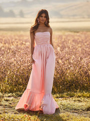 Pastoral Style Summer Women'S Dress One Word Collar Sleeveless Open Back Solid Color Sexy Dress Simple Stitching Pink Dresses