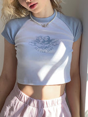 Lizakosht Cartoon Print Ribbed Slim Crop Top Woman Retro Patchwork Short Sleeve Round Neck Soft Cotton Casual Tee Summer Y2k T-shirt