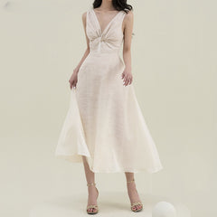 Lizakosht Black Sleeveless Dress Women Clothing 2023 V Neck Elegant High Waist Summer Dresses Bodycon Vintage Runway Vestido Apricot