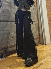 Lizakosht Gothic Alt Black Cargo Pants Chain Rock Punk Cyber Techwear Trousers Womem Low Waist Jogger Tie Up Wide Leg Pants Cyberpunk Pant