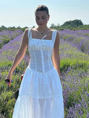 Lizakosht Sexy White Pleated Holiday Dress Woman Lace Up Square Collar Ruffles Female Dresses Elegant Button Sleeveless Beach Vestido