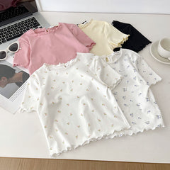 Lizakosht Cute Floral TShirts Women Summer Lace Trim Neck Short Tops Tee for Sweet Girl Kawaii Clothes