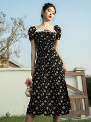 Lizakosht Summer Black Print Dress Woman Korean Chic Design Square Collar Puff Sleeve Sexy Slit Dresses For Party Vestido Negro Robe Noir