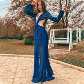 Sexy V-Neck Backless Hollow Out Dress 2022 Summer Women Lantern Sleeve Club Party Long Maxi Dresses Tunic Beach Cover Up A916