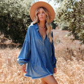 Lizakosht Light Blue Denim Shirt Dress Sexy Button Long Sleeve Mini Dresses Summer Clothes Women Beach Wear Swim Suit Cover Up A1185