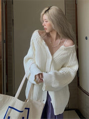Lizakosht White Cardigan Sweater Jacket women's Spring Autumn Winter New Retro Lazy Style Knitted Sweater Cardigan