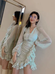 Lizakosht Spring and Autumn Dress Minority Chiffon V-neck Long Sleeve Fold Waist ruffled skirt Holiday Dress