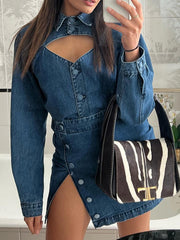Lizakosht Denim Mini Dress Women Fashion Sexy Hollow Out Dress Elegant Split Lapel Streetwear Dress Lady Bodycon Blue Long Sleeve Dress
