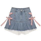 HOUZHOU Kawaii Denim Mini Skirt Women Sexy Gyaru Pink Bow Bandage Lace Patchwork High Waist Pleated Jean Skirt Y2k Shorts Summer