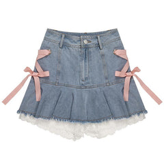 HOUZHOU Kawaii Denim Mini Skirt Women Sexy Gyaru Pink Bow Bandage Lace Patchwork High Waist Pleated Jean Skirt Y2k Shorts Summer