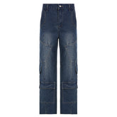 Lizakosht Retro Vintage Blue Cargo Denim Pants Pantalones De Mujer Mom Harajuku Hip Hop Patchwork Trousers Y2k Baggy Jeans Streetwear