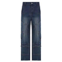 Lizakosht Retro Vintage Blue Cargo Denim Pants Pantalones De Mujer Mom Harajuku Hip Hop Patchwork Trousers Y2k Baggy Jeans Streetwear