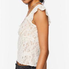 Lizakosht Sweetheart Floral Lace Sheer Crop Top Short Cap Sleeves Lettuce-edge Hem T-shirt French Style Chic Women Elegant Vintage Tees