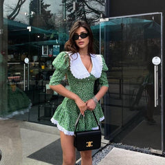 Lizakosht Summer Elegant Corset Party Dress for Women Y2K INS Sexy Short Puff Sleeve V Neck Lace Pleated Party Princess Dress