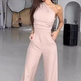 Lizakosht Women Jumpsuit Fashion One Shoulder Sleeveless Nipped Waist Loose With Pockets Wide Legs Pants Romper High Streetwear