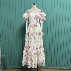 Lizakosht The French court is gentle and shoulders, wearing a light luxury niche big skirt, bubble princess sleeve tea break printed dress