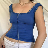 Lizakosht Summer Blue Milkmaid Tank Top Tie Up Ribbons Lace Trim Sleeveless Crop Tops 90s Vintage Beach Holiday Camis Vest Y2K Clothes