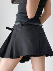 Lizakosht Vintage Summer Front Side Ruched Dropped Pleated Mini Skirt Preppy Style High Waist A-Lined Short Skirts Back Zipper