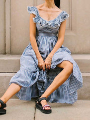 Lizakosht ruffled neckline dress women pleated bow tied waist blue plaid cotton summer dress new casual long boho dress
